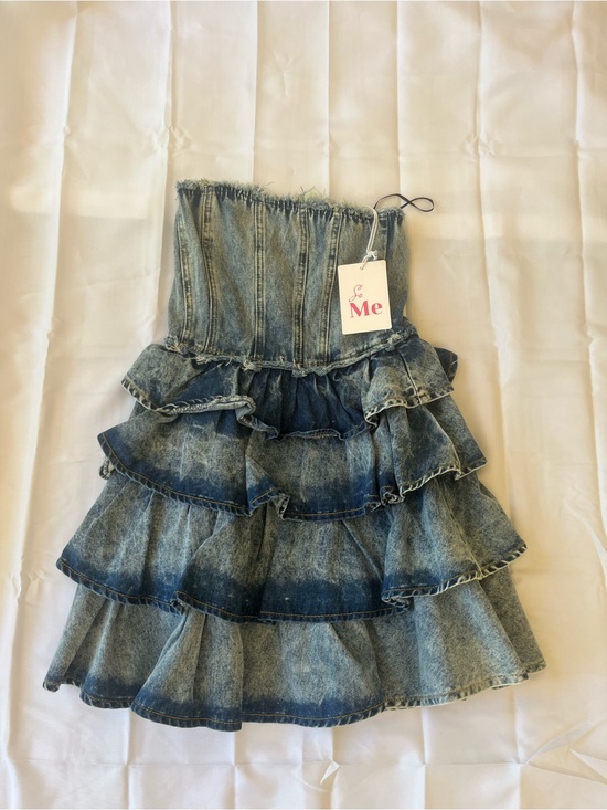 So Me Dresses & Skirts - So Me Strapless Ruffled Denim Mini Dress in Blue